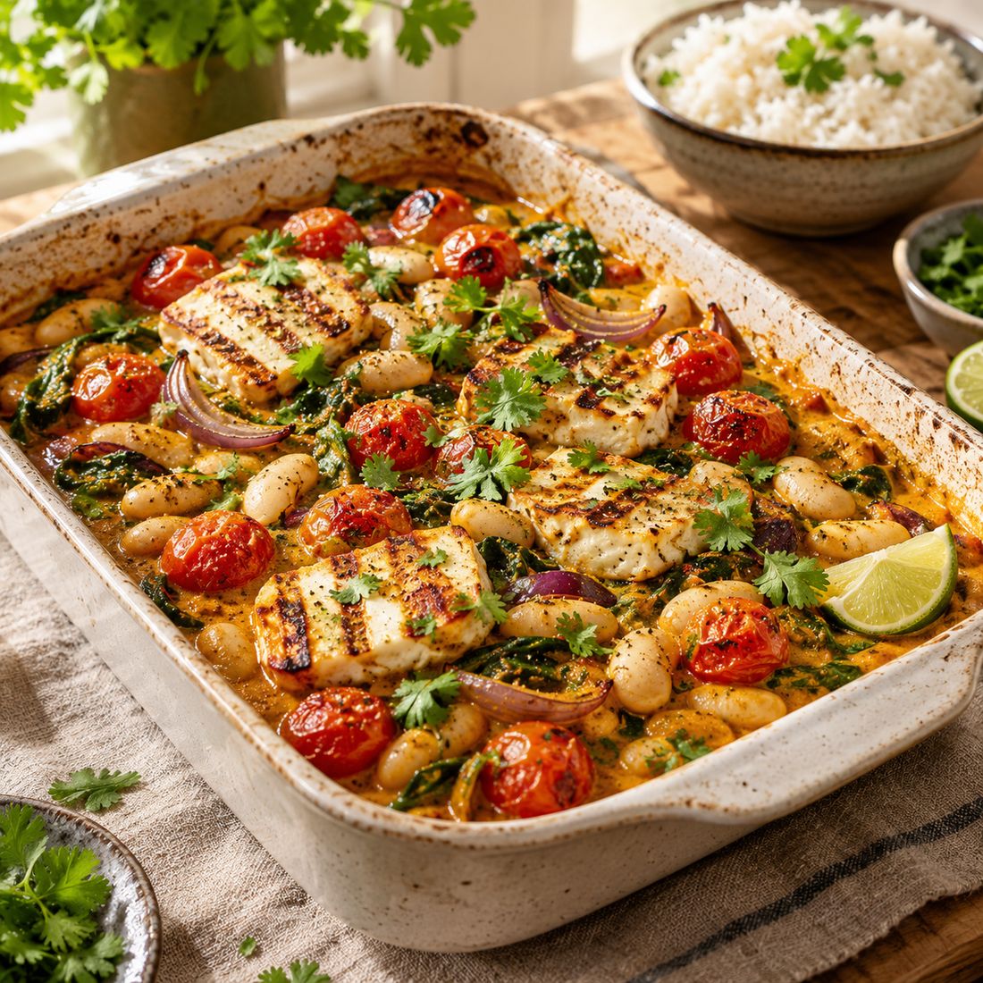Boterbonencurry met cherrytomaatjes en halloumi uit de oven — foto gemaakt met ai, recept door een mens gecontroleerd
